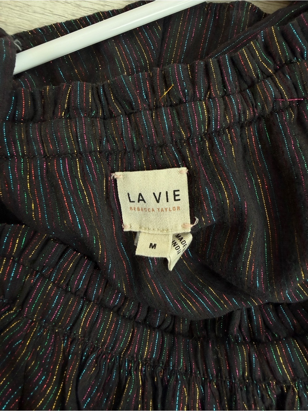 La Vie Rebecca Taylor Lurex Metallic Stripe Tie-Shoulder Tier Top Size Medium - Picture 12 of 13